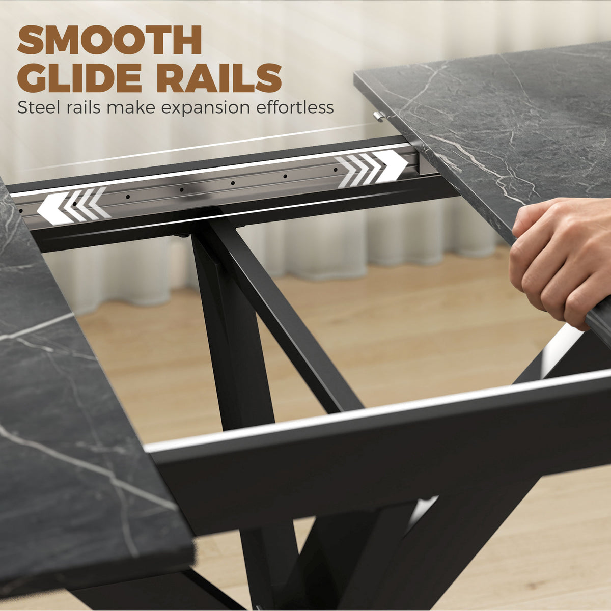 Extendable dining table showing smooth glide rails under the tabletop