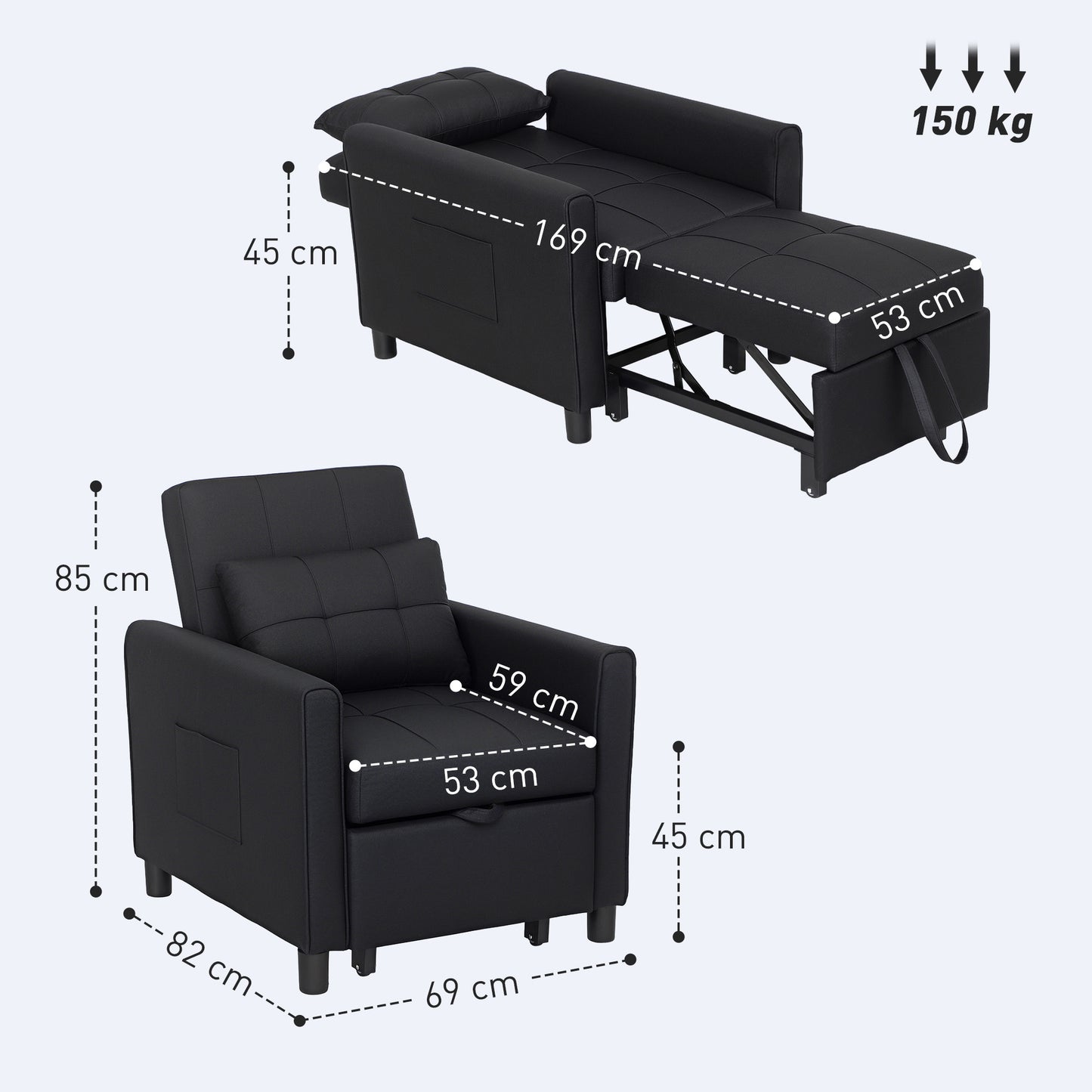 HOMCOM Linen Look 3 In 1 Single Chair Bed With 11 cm Thick Adjustable Back And Eucalyptus Wood Frame Black