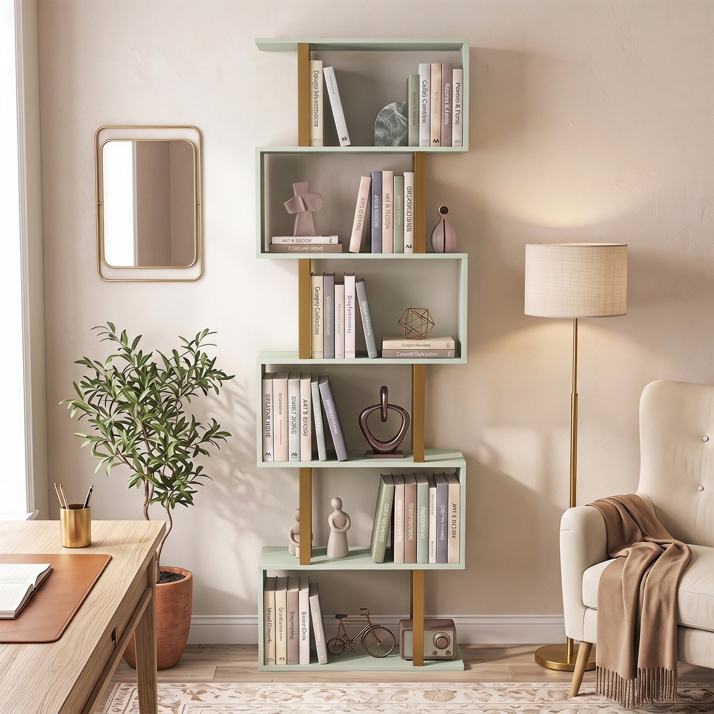HOMCOM S Shaped Bookshelf 5 Tier Freestanding Storage Shelves With Anti Tip Strap For Living Room Light Green