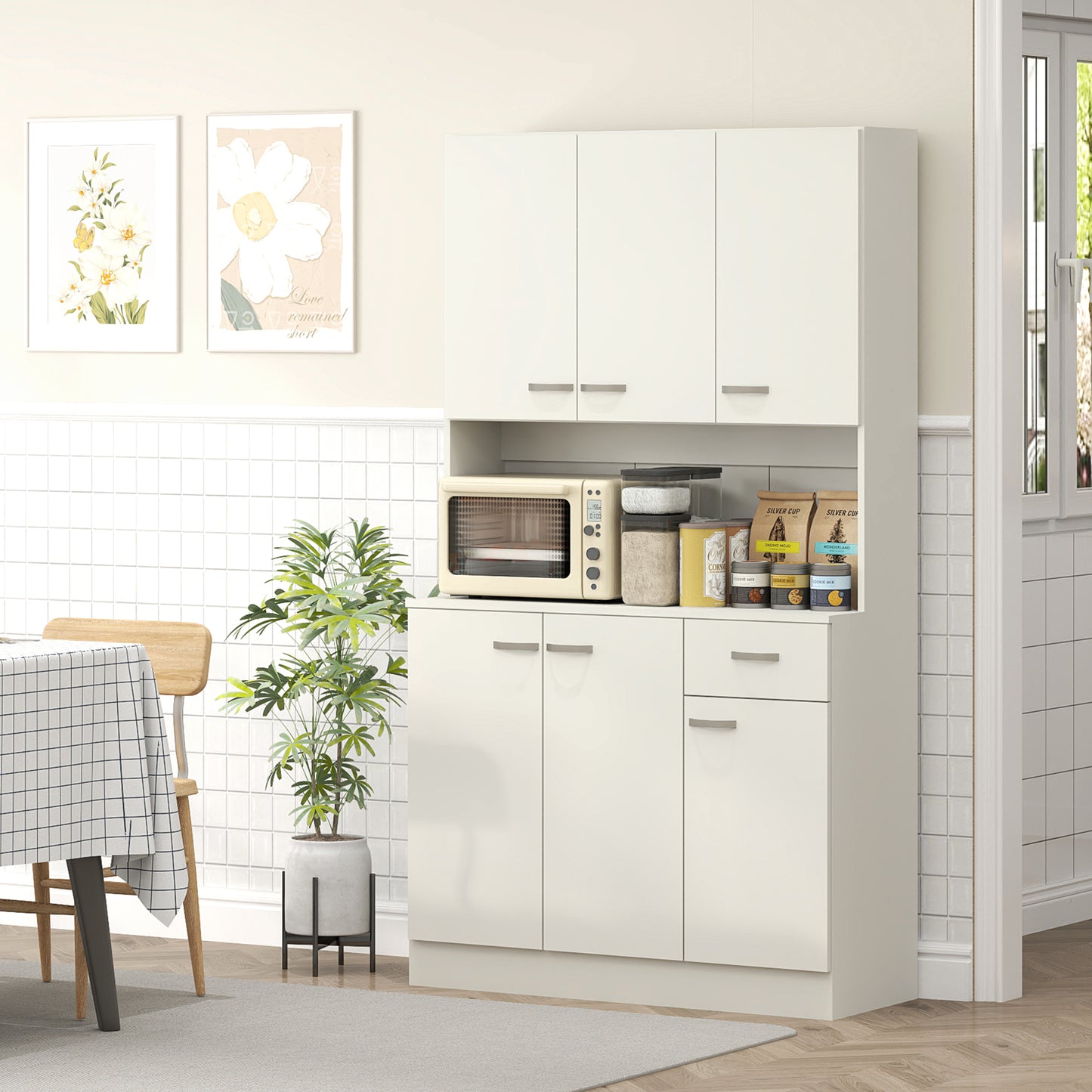 HOMCOM Freestanding Kitchen Pantry Storage Cabinet With Adjustable Shelves And Middle Worktop White