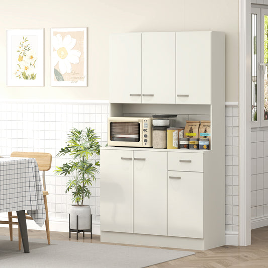 HOMCOM Freestanding Kitchen Pantry Storage Cabinet With Adjustable Shelves And Middle Worktop White