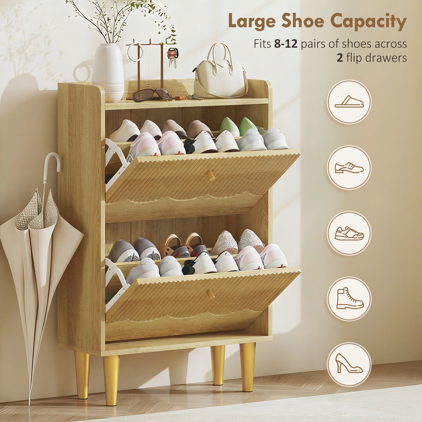 HOMCOM Narrow Shoe Cabinet Oak Finish With 2 Flip Drawers Slim 24cm Depth Holds 8 To 12 Pairs