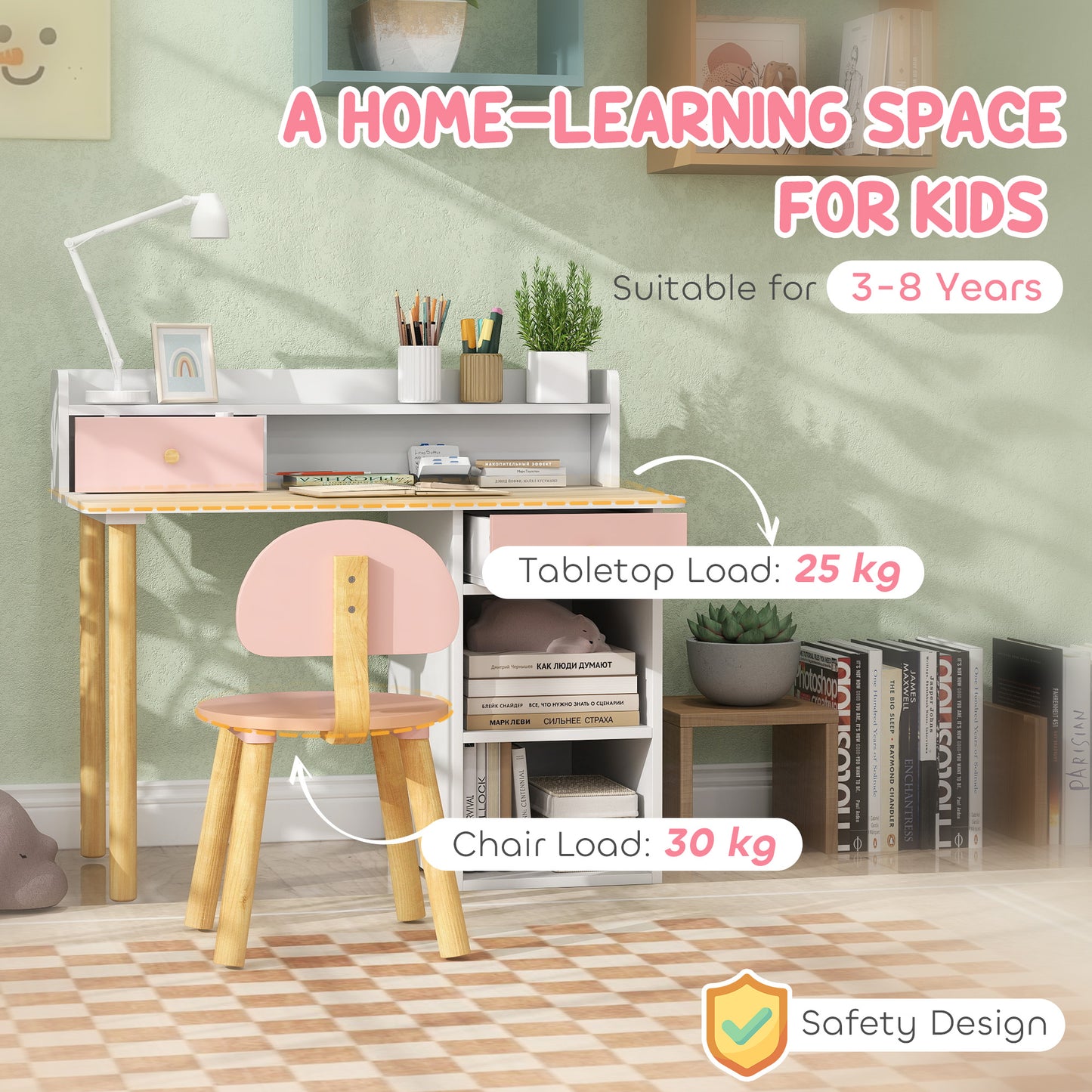AIYAPLAY Pink 2 Piece Kids Desk With Hutch And Chair Set Storage Drawers Shelves For Ages 3 To 8