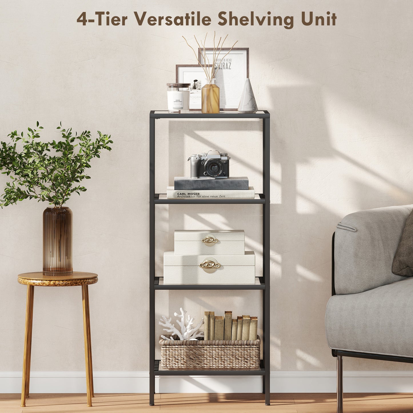 HOMCOM 4-Tier Glass Shelving Unit Vertical Storage For Living Room Home Office Bedroom Bathroom Black