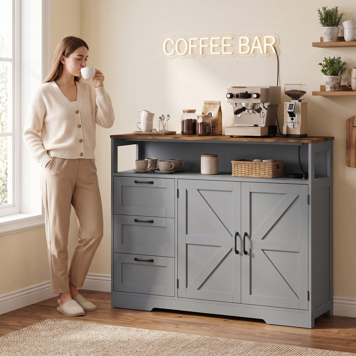HOMCOM Grey Farmhouse Sideboard with Power Outlet 3 Drawers Open Shelf