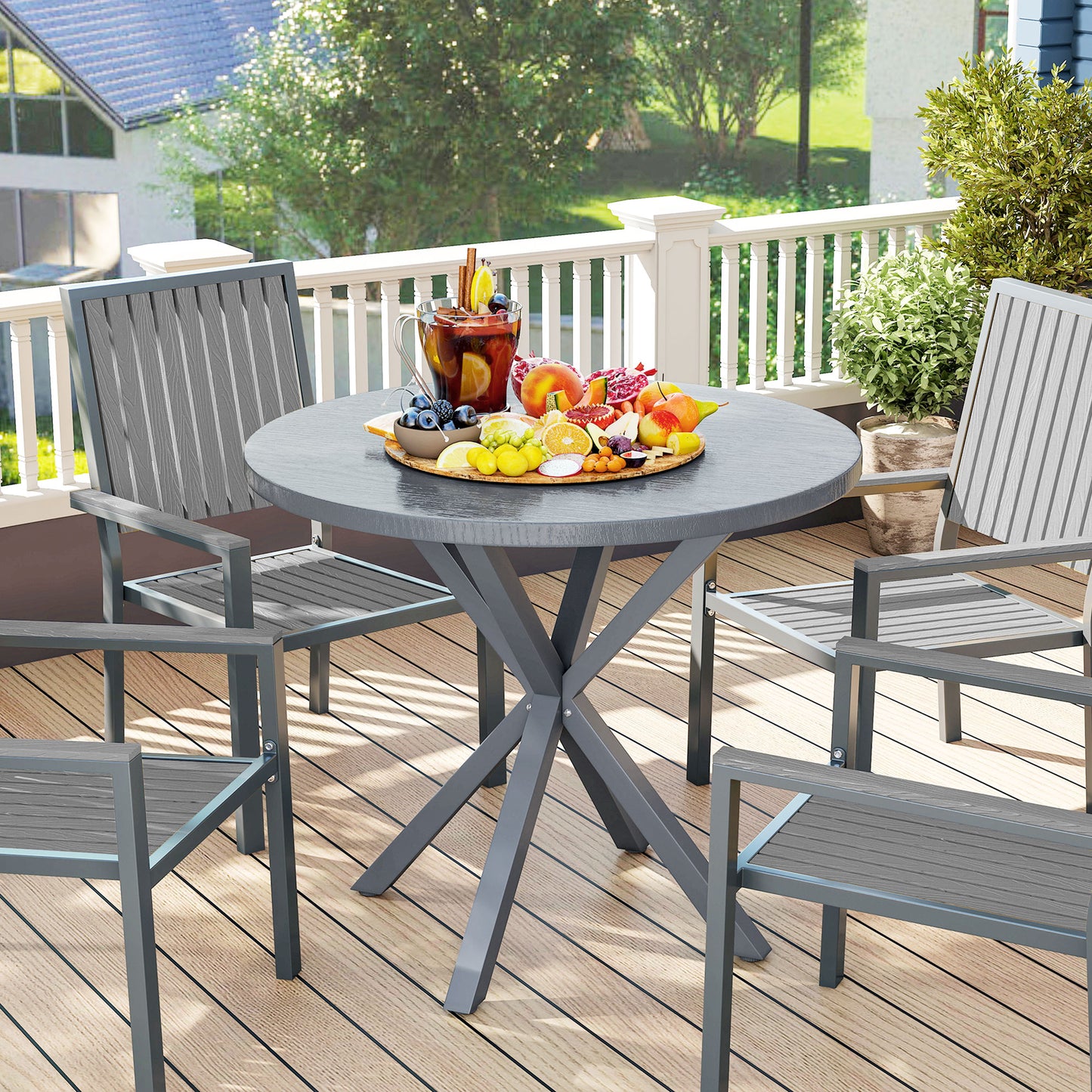 Outsunny 85cm Round Outdoor Dining Table With Steel Frame And Wood Effect Top For Balcony And Deck Dark Grey