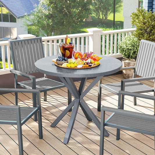 Outsunny 85cm Round Outdoor Dining Table With Steel Frame And Wood Effect Top For Balcony And Deck Dark Grey