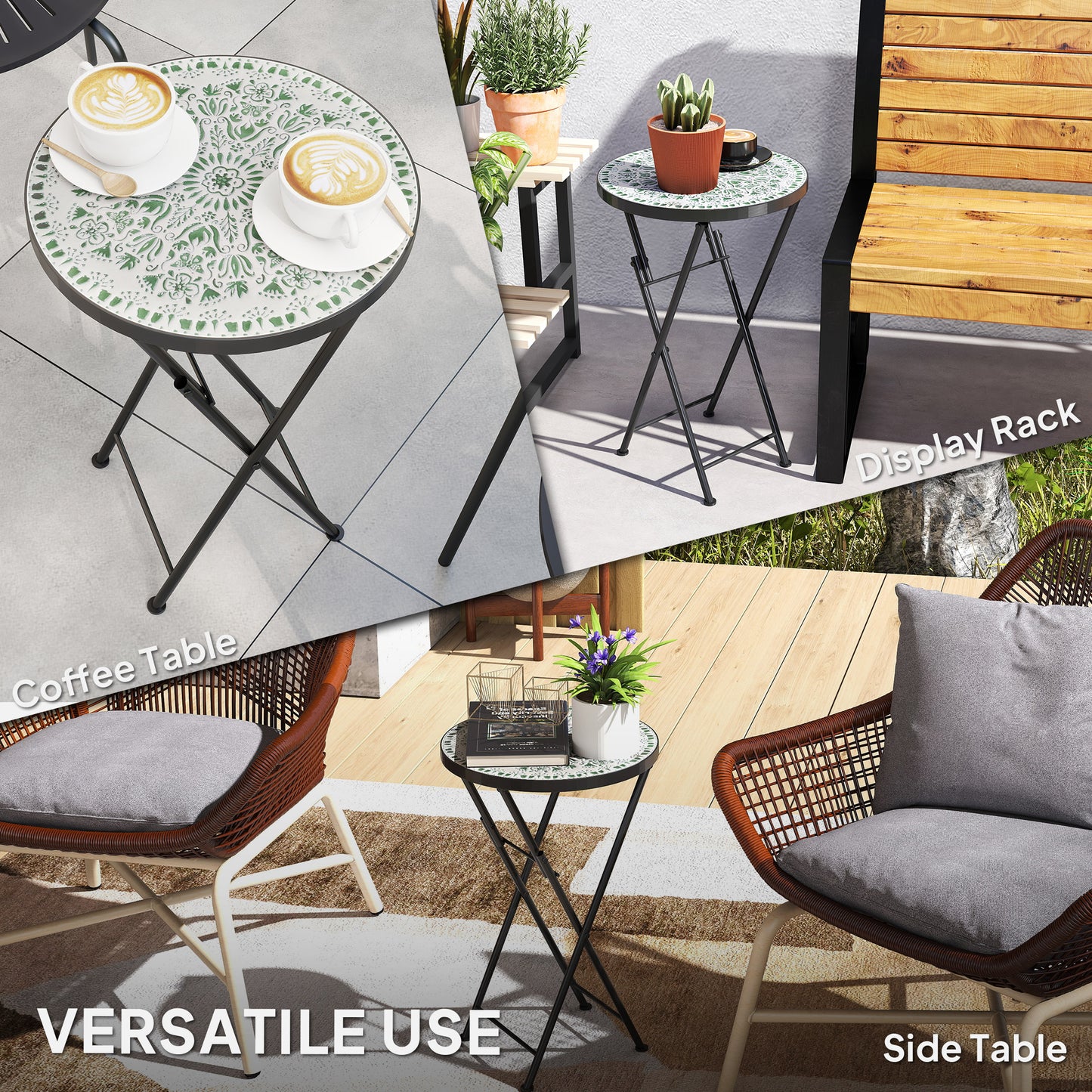 Outsunny Mosaic Outdoor Garden Table Round Folding Coffee Table 35.5cm With Metal Frame For Balcony Terrace Green