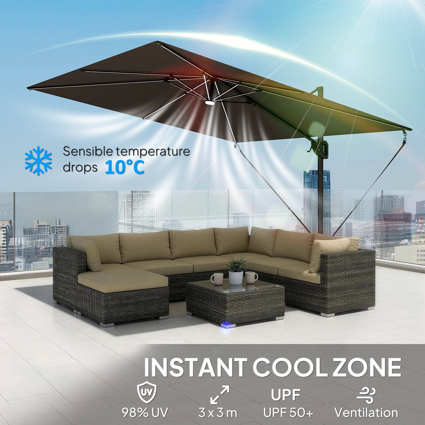 Outsunny 3x3m Garden Cantilever Parasol With Light And Cover UPF50 Plus Wind Protection 360 Degree Rotation Dark Grey