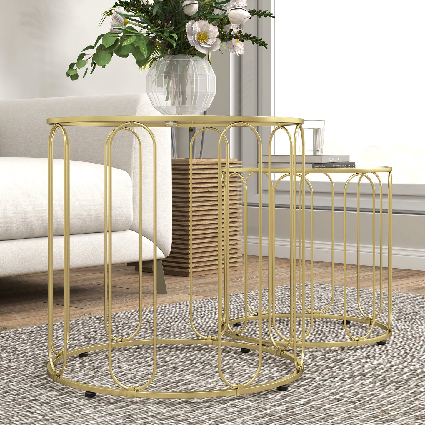 HOMCOM Elliptical Cutout Nesting Tables Gold Tone Glass Top With Metal Ring Frame Two Piece Coffee Table Set