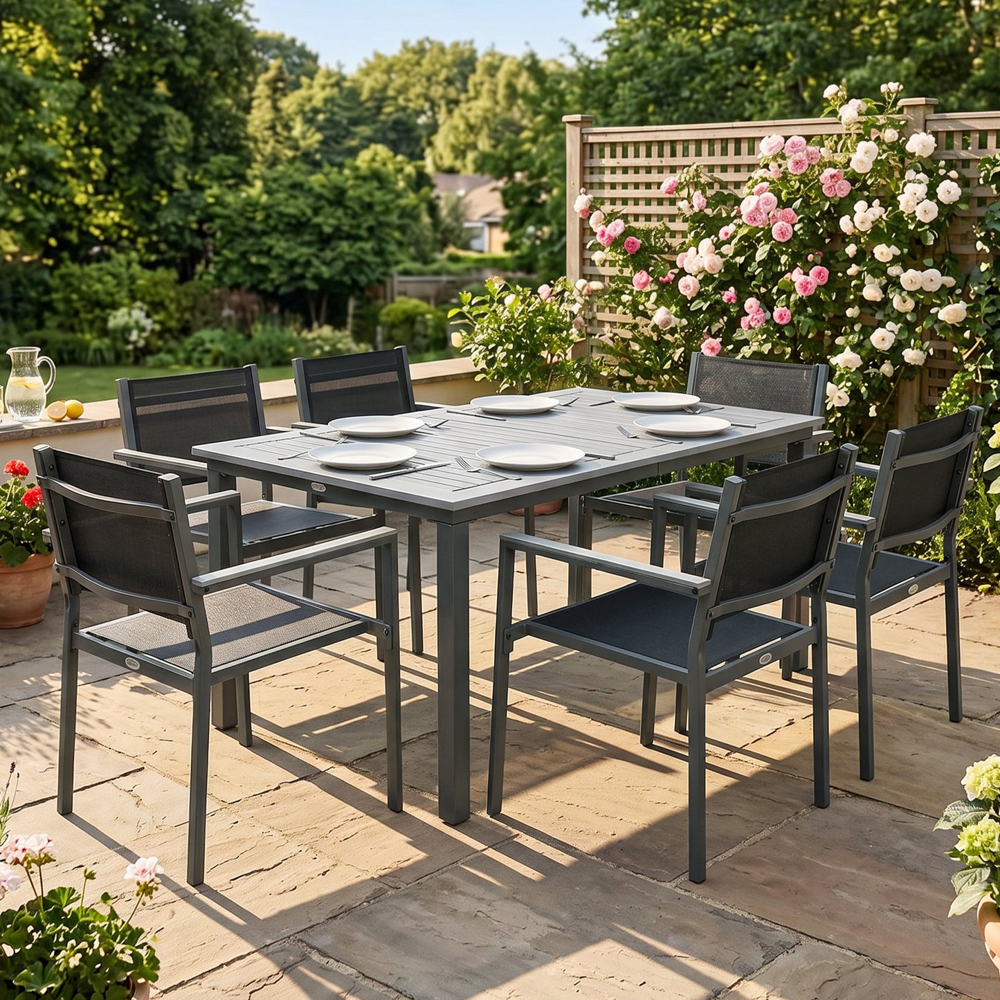 Outsunny Seven Piece Garden Dining Set With Acacia Wood Table Top And Texteline Chairs For Six In Grey