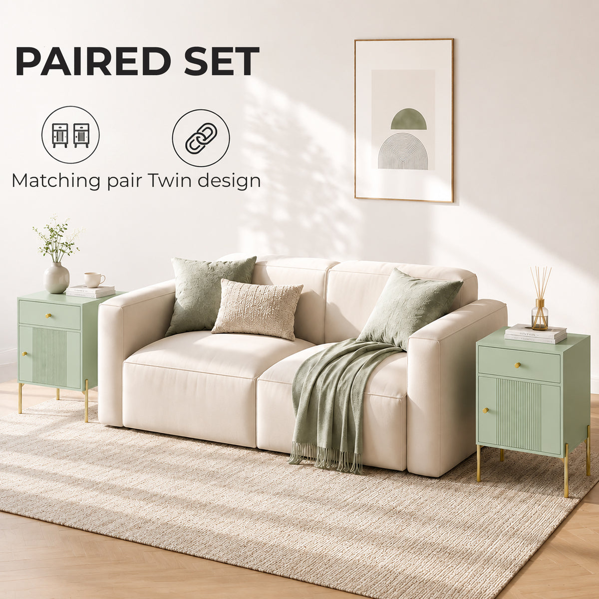 HOMCOM Modern Side Table Set of 2 with Drawer Cabinet Metal Legs Light Green