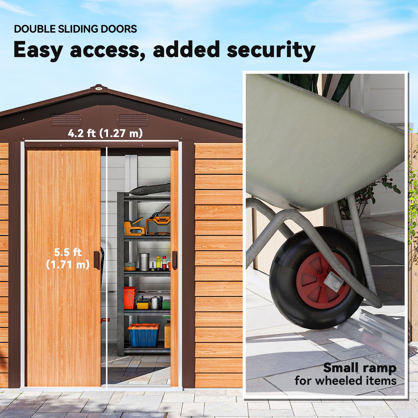 Outsunny 9 By 6 Ft Galvanised Steel Shed With Double Sliding Doors And Four Ventilation Slots Brown Wood Effect