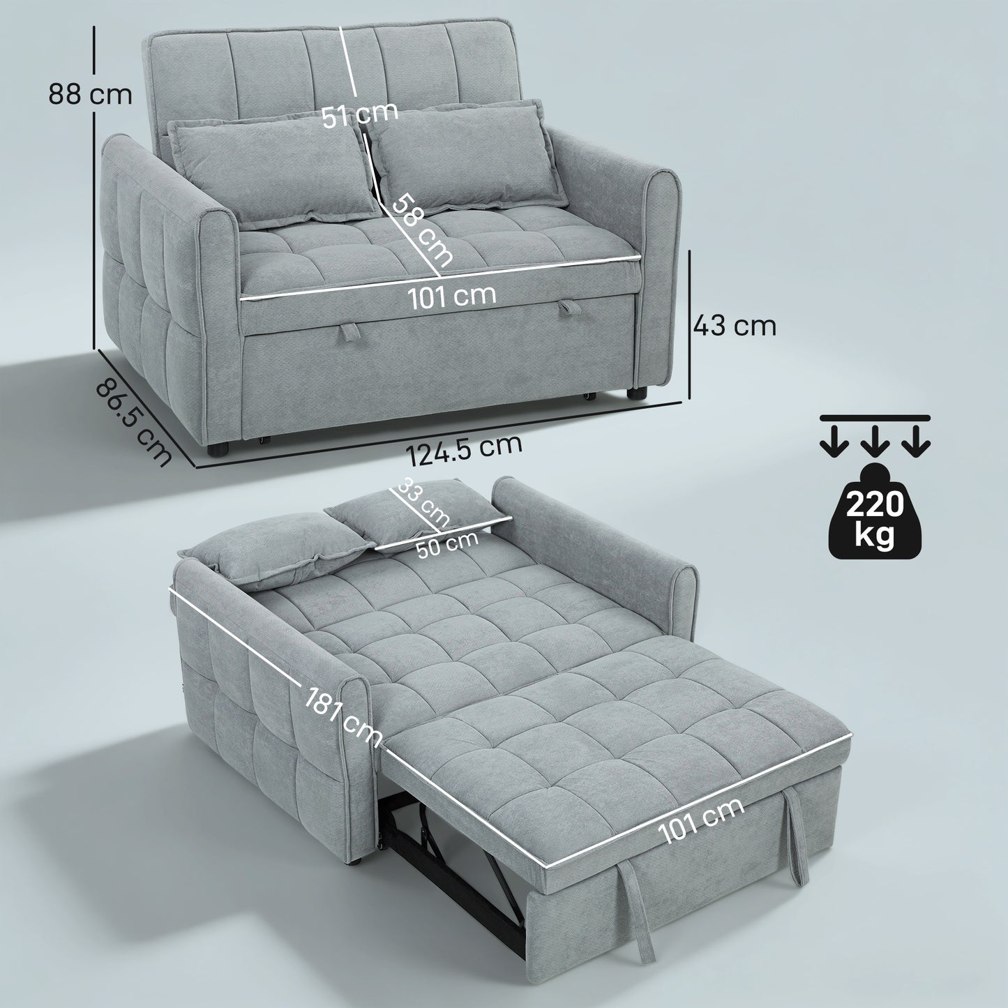 HOMCOM Two Seater Sofa Bed Three In One Convertible Sleeper Sofa With Adjustable Backrest And Two Pillows Grey