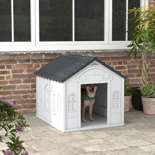 PawHut Large Grey Plastic Dog House: Weather-Resistant Indoor/Outdoor Shelter for Large Dogs