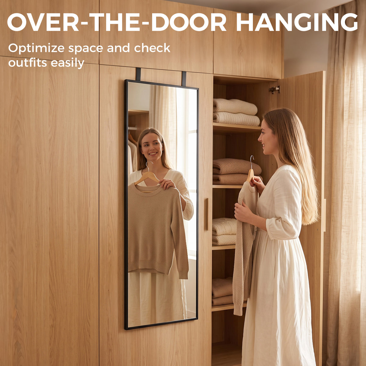 Over-the-door full-length black mirror for easy outfit checking