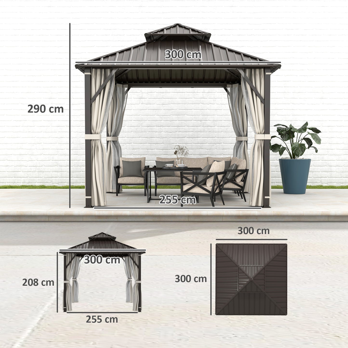 Outsunny 3x3m Hardtop Gazebo With Double Metal Roof Waterproof Permanent Pavilion Garden Netting Curtains Beige
