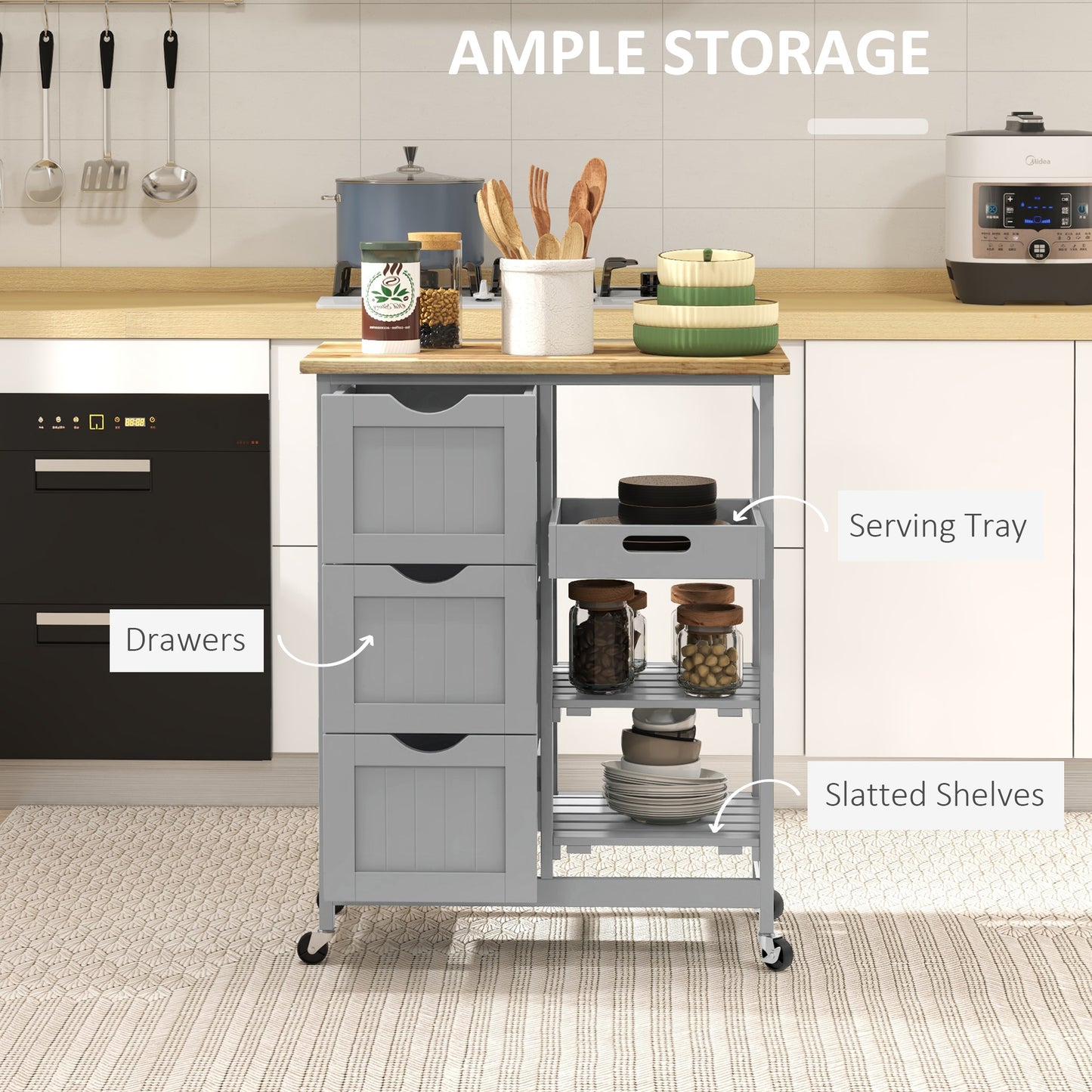 HOMCOM Rolling Kitchen Island Cart With Wood Top Grey Bar Serving Cart On Wheels Shelves And Drawers
