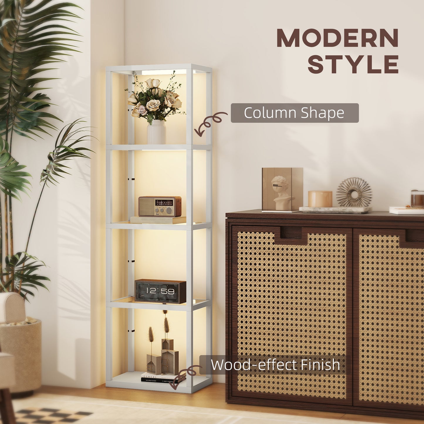 HOMCOM Four Shelf Floor Lamp With Tempered Glass Shelves Warm White LEDs Three Brightness Levels Grey