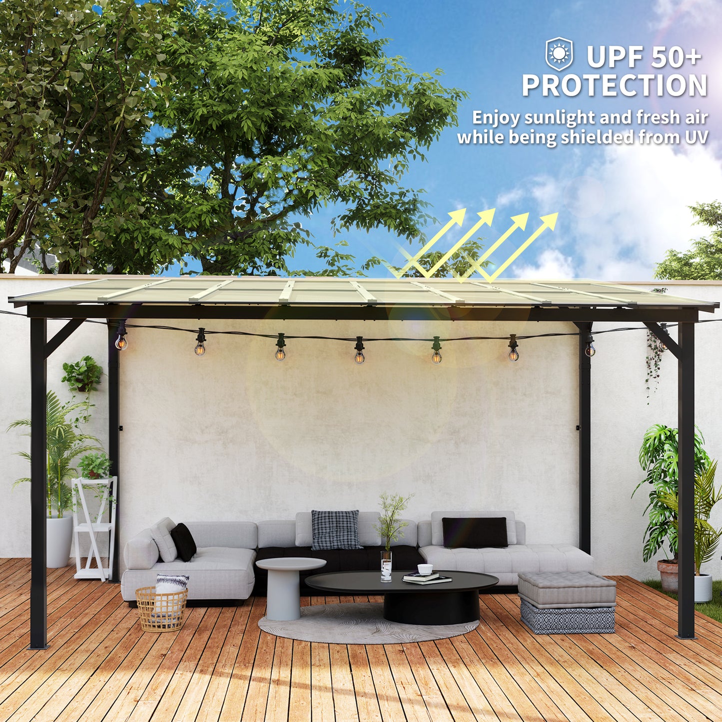 Outsunny 3x4.3m Metal Pergola With UPF 50 Plus Waterproof Polycarbonate Roof Wall Mounted Garden Gazebo Dark Grey