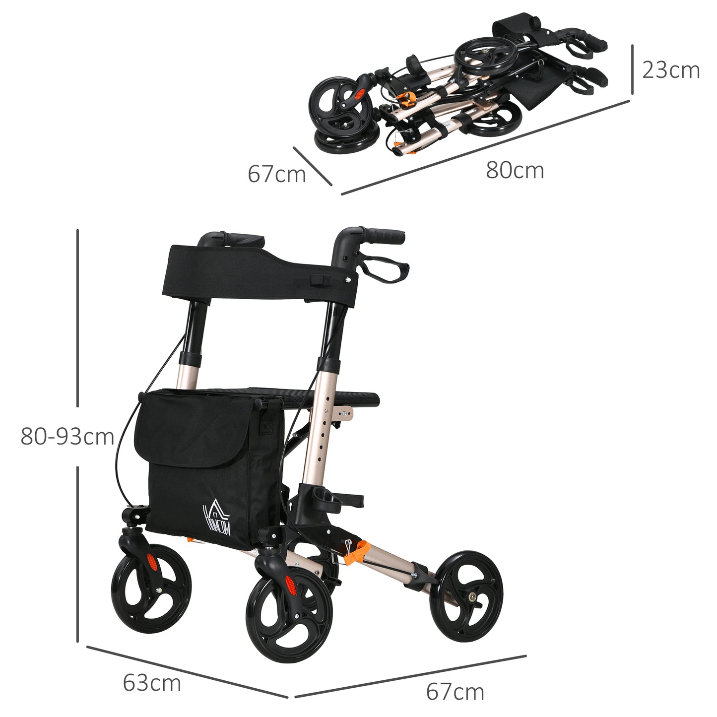 HOMCOM Lightweight Folding Rollator with Seat and Backrest, Adjustable Height Mobility Walker with Dual Brakes and Cane Holder - ALL4U RETAILER LTD