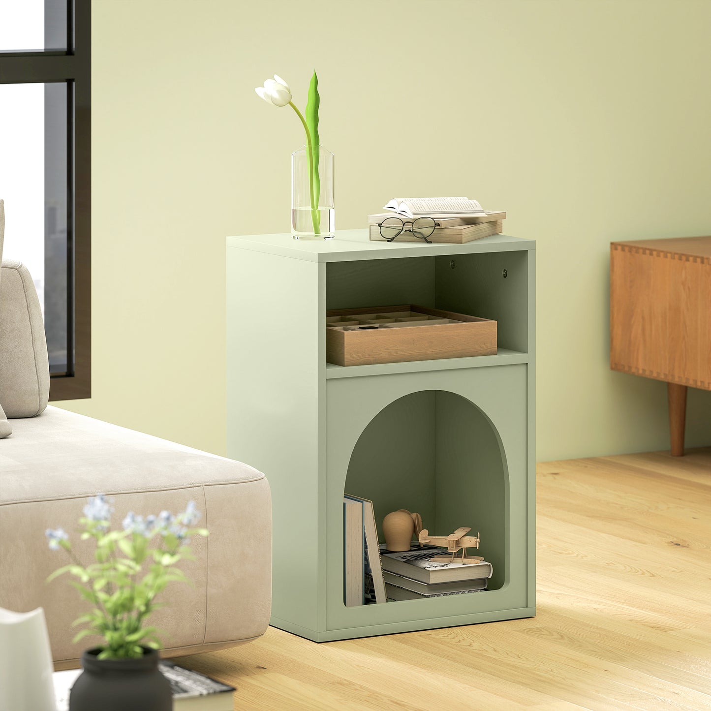 HOMCOM Bedside Table With Two Open Compartments Arch Design Light Green End Table For Small Spaces