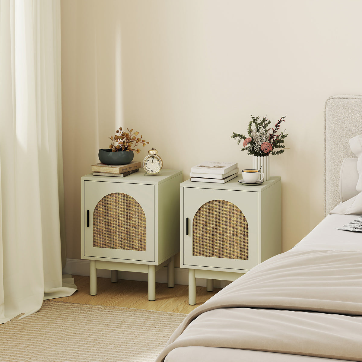HOMCOM 2 Piece Rattan Bedside Table Set Light Green With Adjustable Shelf