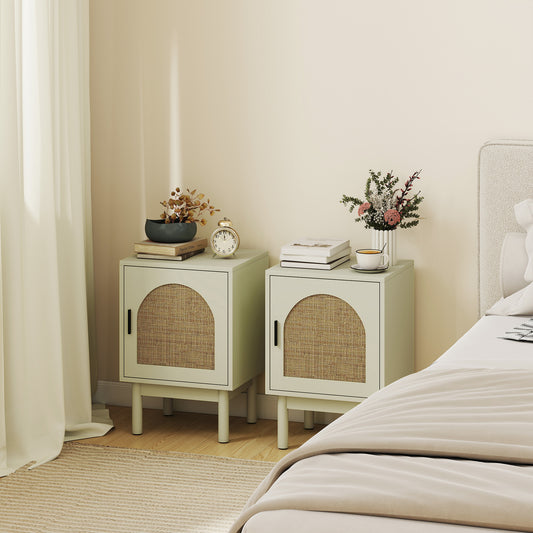 Light green rattan bedside table set with arched doors and two shelves on legs