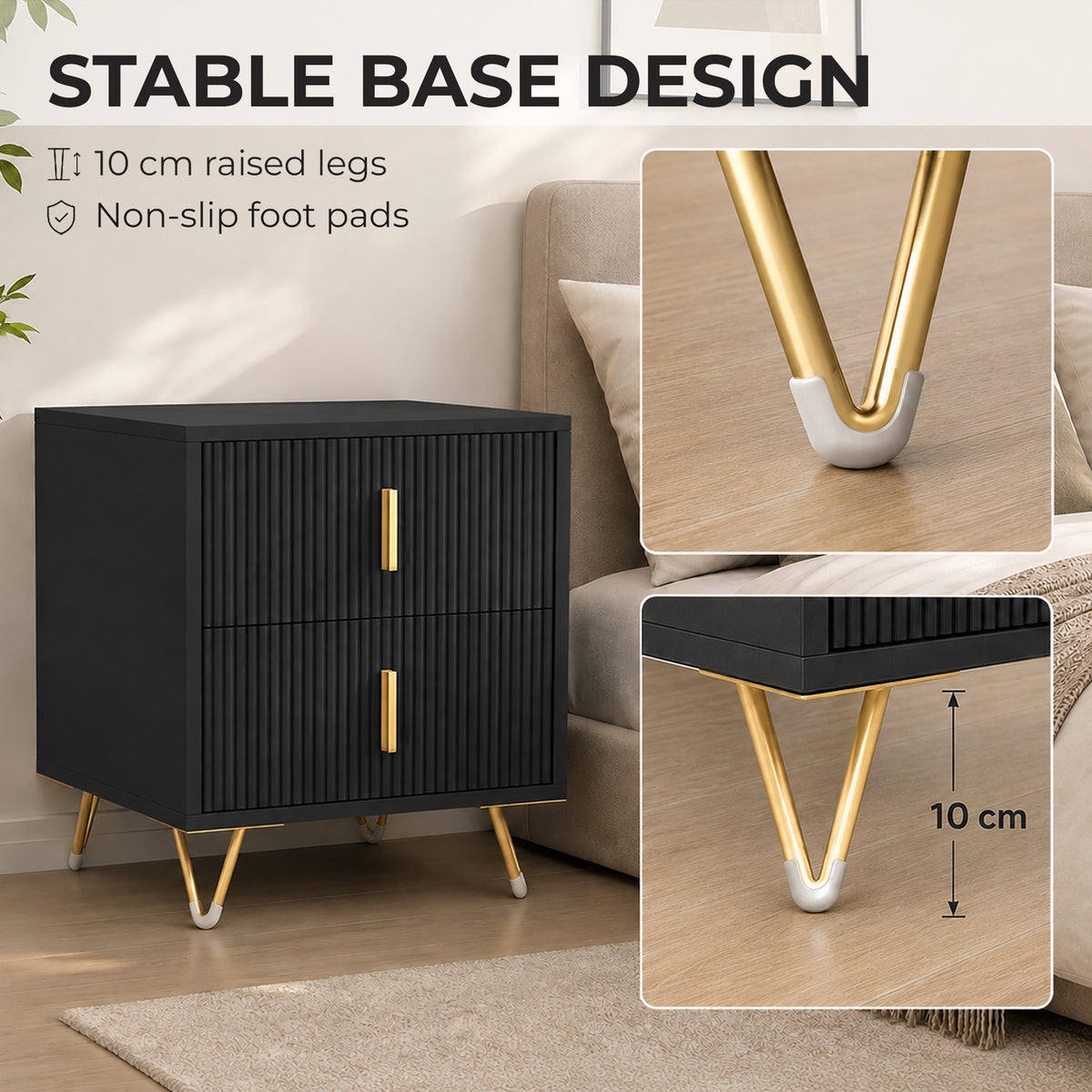 Homcom Elegant Fluted Bedside Table With Two Drawers And Gold Handles