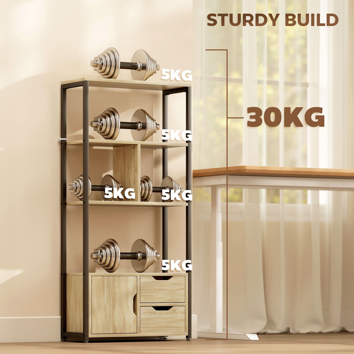 HOMCOM 4 Tier Bookcase With Cabinet And 2 Drawers Natural Wood Industrial Loft Style For Living Room Bedroom And Study