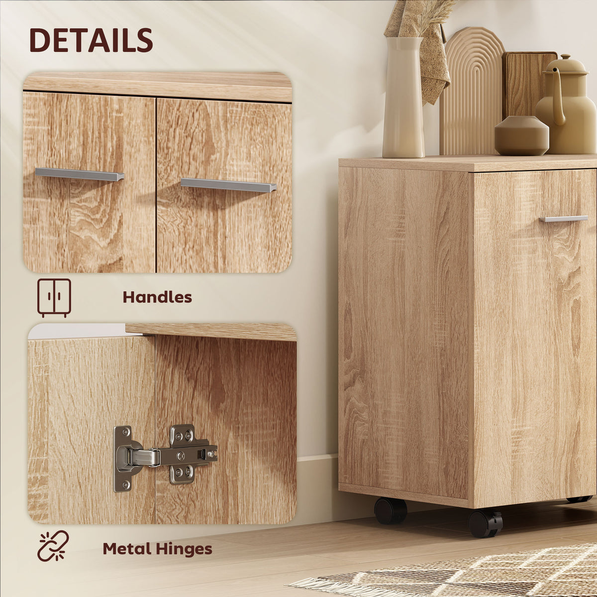 Mobile sideboard cabinet doors with metal hinges and horizontal pull handles