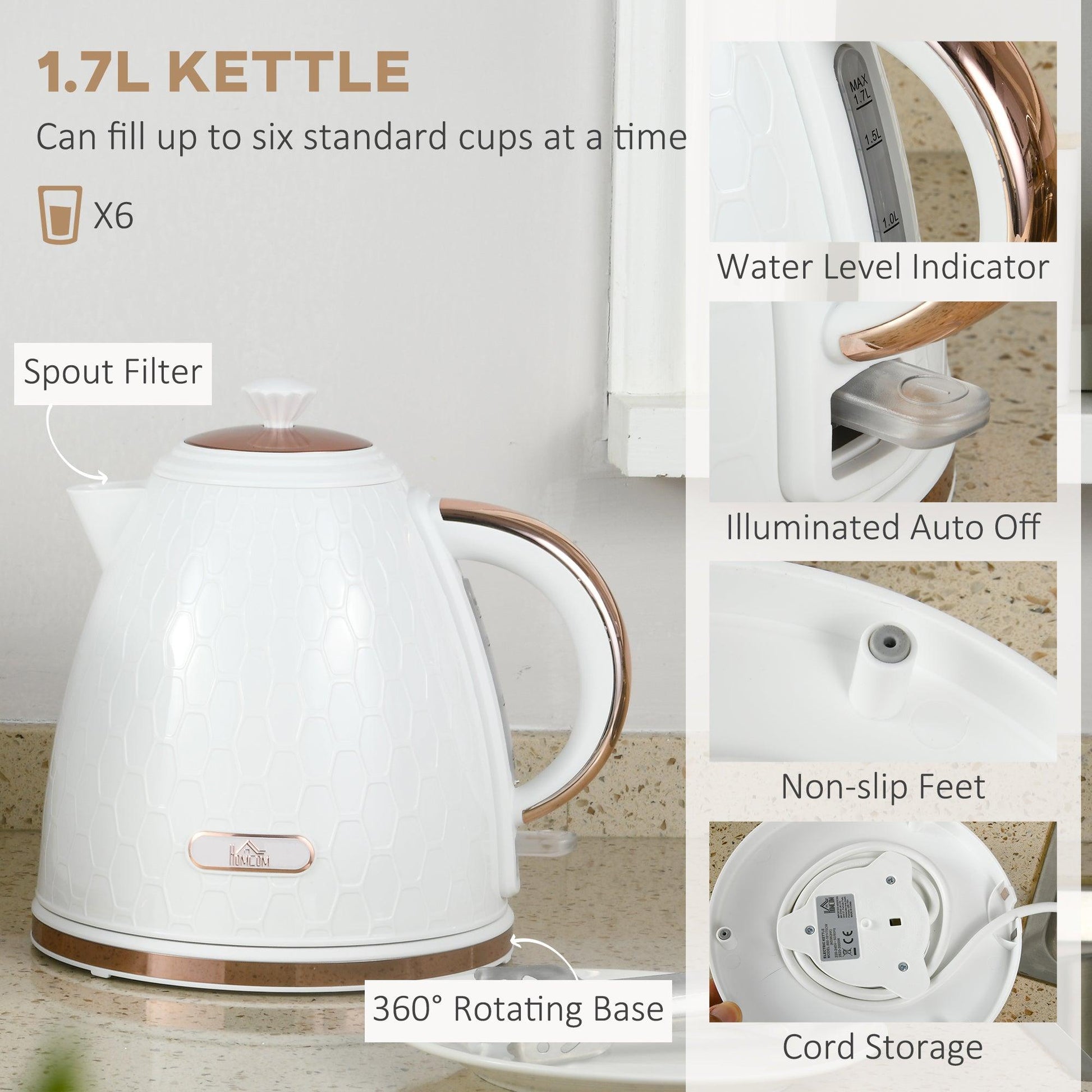 HOMCOM 1.7L Kettle and Toaster Set with Defrost, Reheat and Crumb Tray, White - ALL4U RETAILER LTD