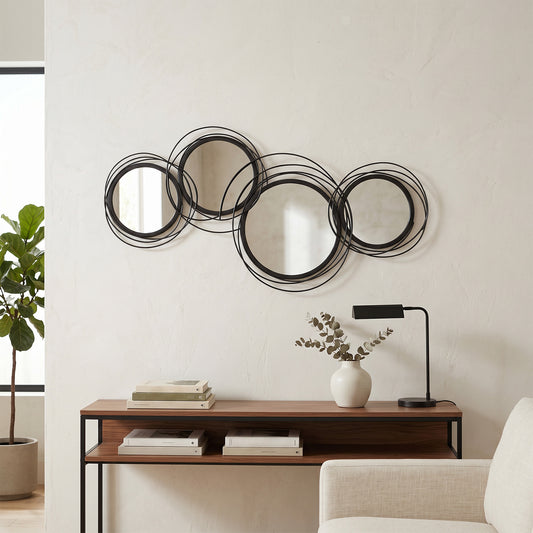 HOMCOM Metal Wall Art 56cm Four Mirror Panels Modern Decorative Wall Decor Black Finish Living Room Dining Room