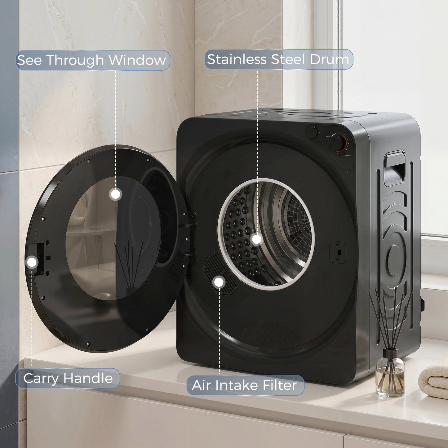 HOMCOM 5 Kg Vented Tumble Dryer 1000W Compact Stackable With 5 Drying Modes Stainless Steel Drum Black
