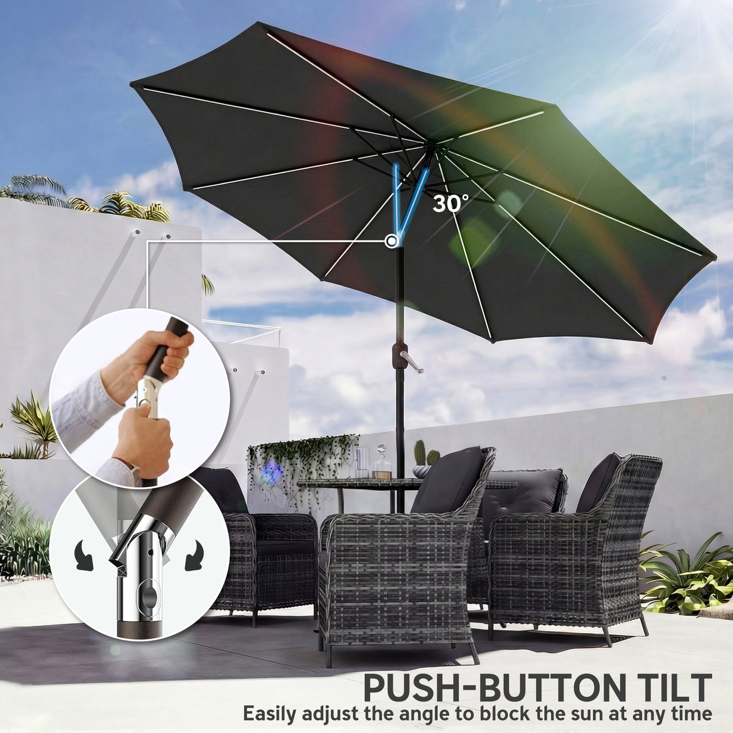 Outsunny 3m Garden Parasol Umbrella With 112 Solar Powered LED Lights USB Charging Crank Handle Black