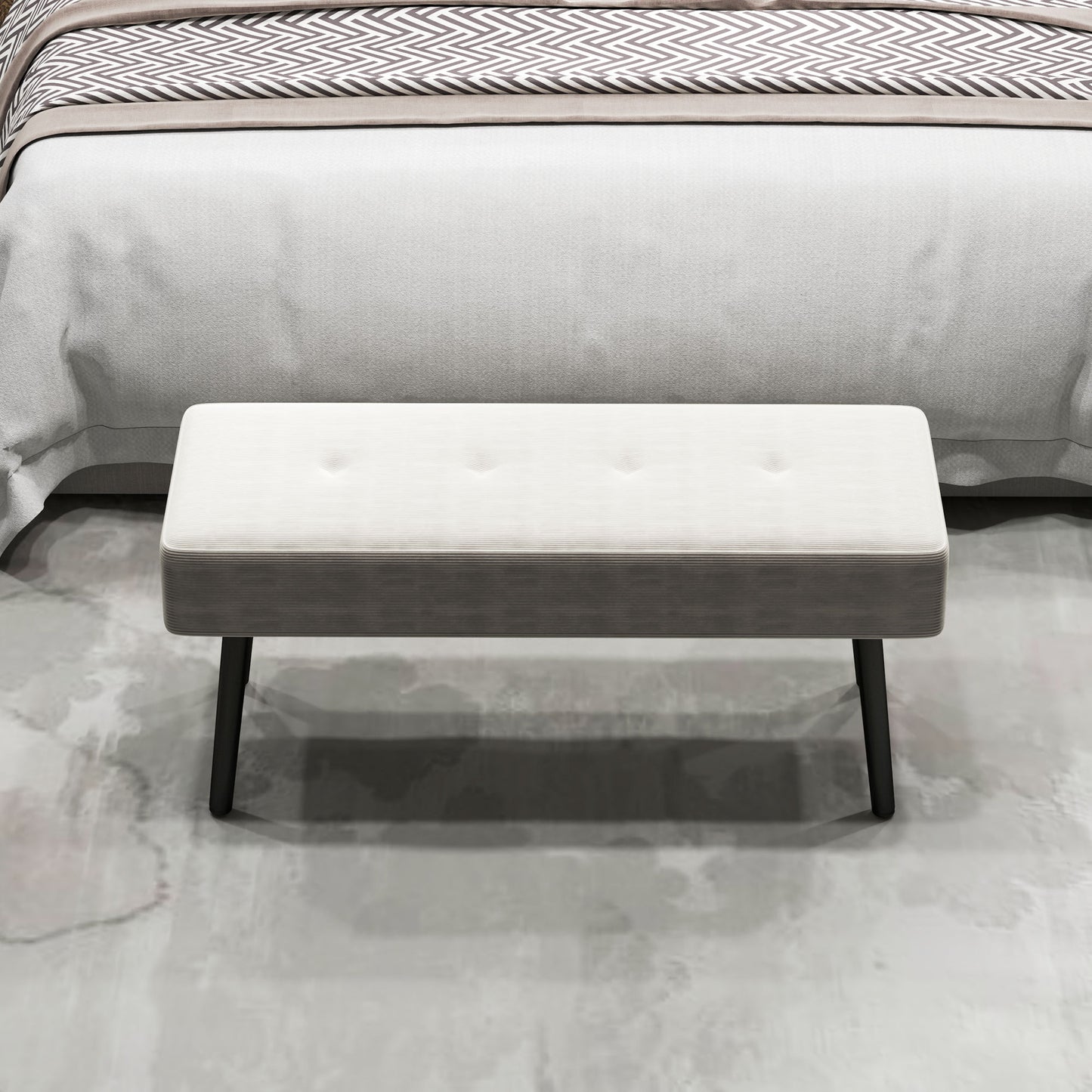 End Of Bed Bench Corduroy Upholstered With Thick Padding And Steel Legs Tufted Window Seat For Entryway Cream White