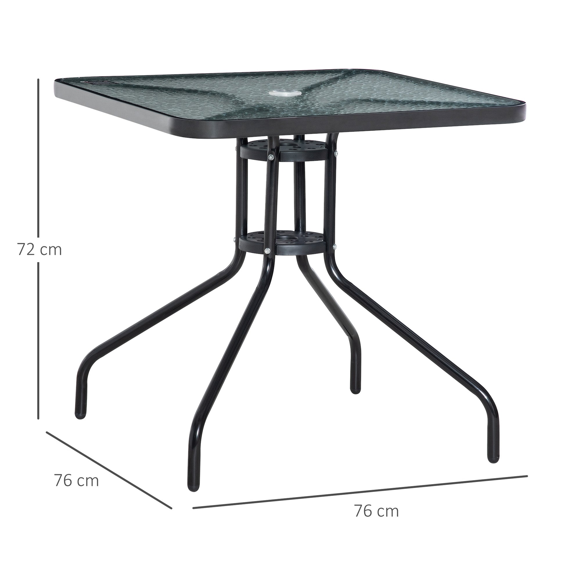 Outsunny Square Patio Table Tempered Glass Top Bistro Garden Dining Outdoor Accent Coffee Table 76 x 76cm Steel Frame Umbrella Hole - ALL4U RETAILER LTD