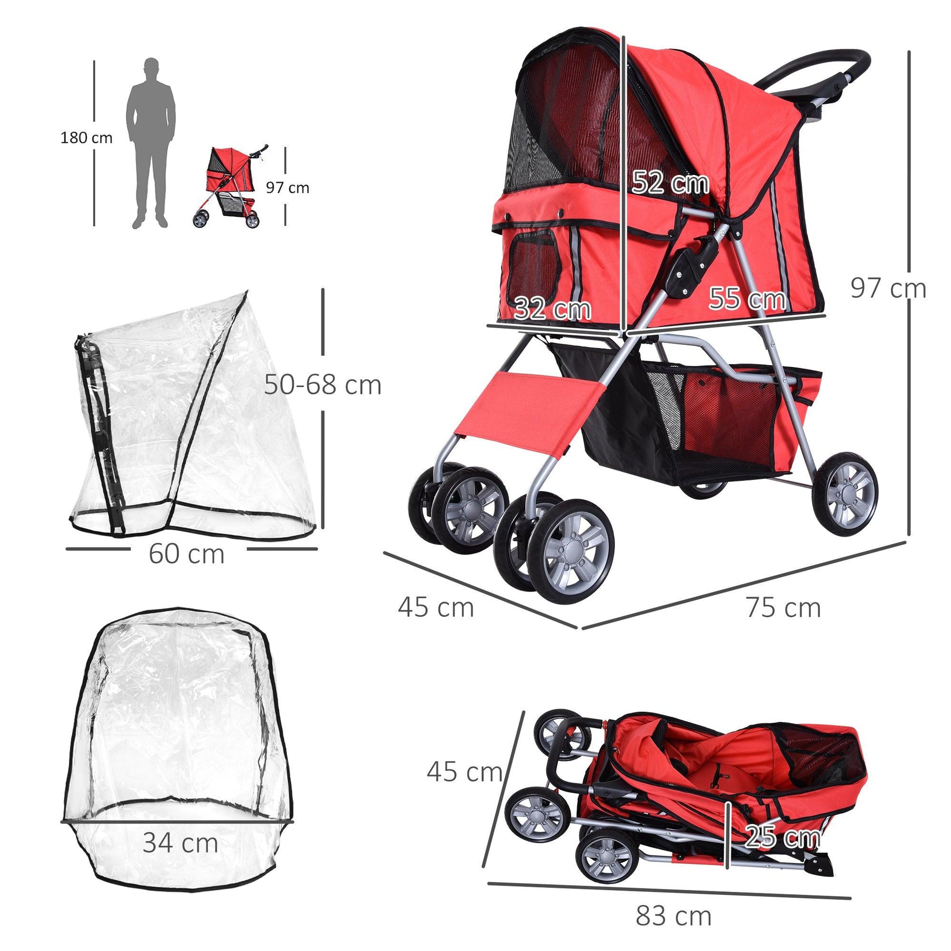 PawHut Mini Dog Stroller with Rain Cover, Folding Pet Pram - Red - ALL4U RETAILER LTD