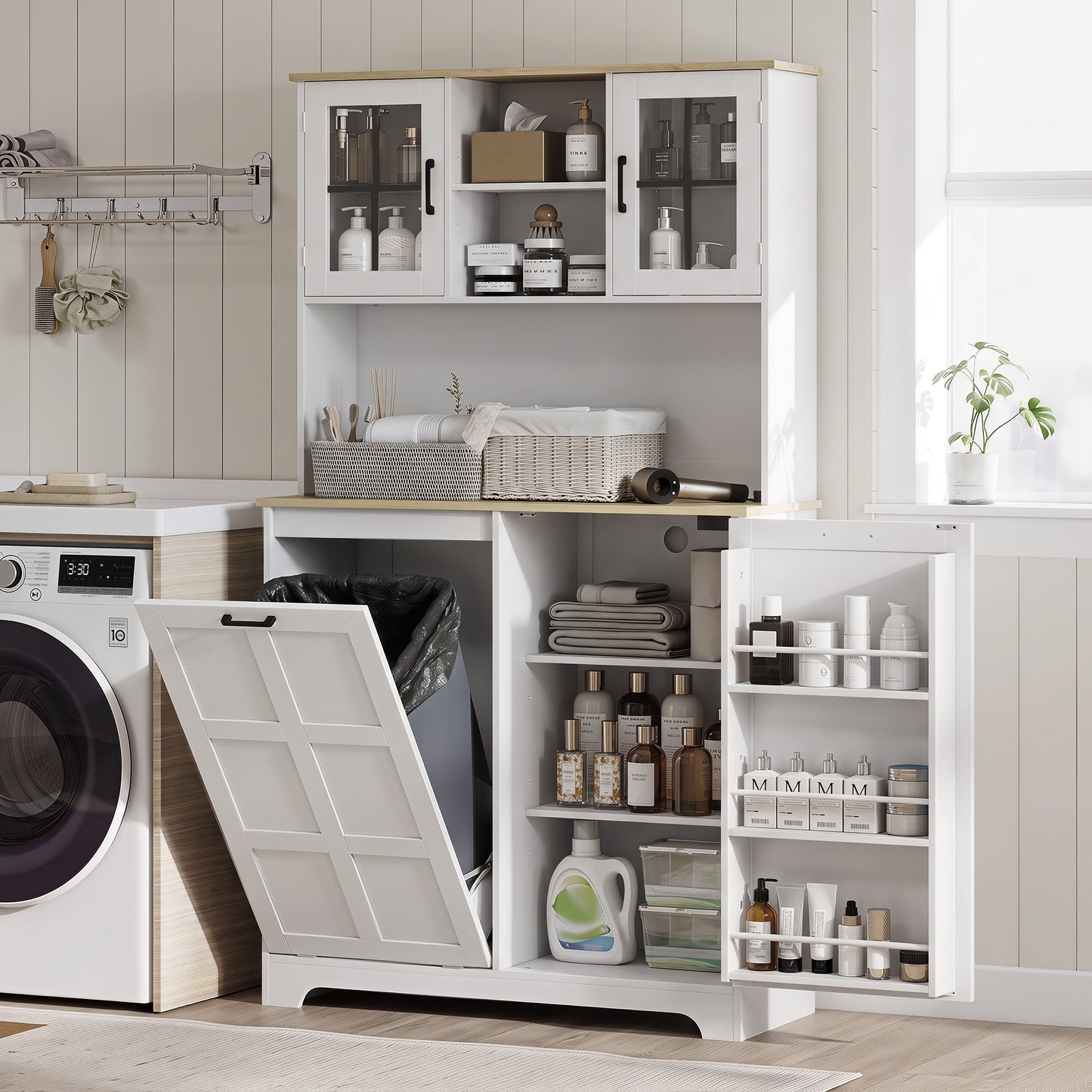 HOMCOM 175cm Tall Kitchen Cabinet With Rubbish Bin Cabinet 3 Door Shelves And 2 Acrylic Doors White