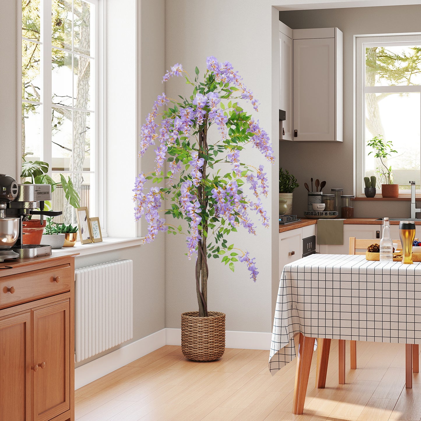 HOMCOM 180cm Ficus Artificial Tree With Wisteria Flowers In Nursery Pot Indoor Tall Faux Floor Plant Purple