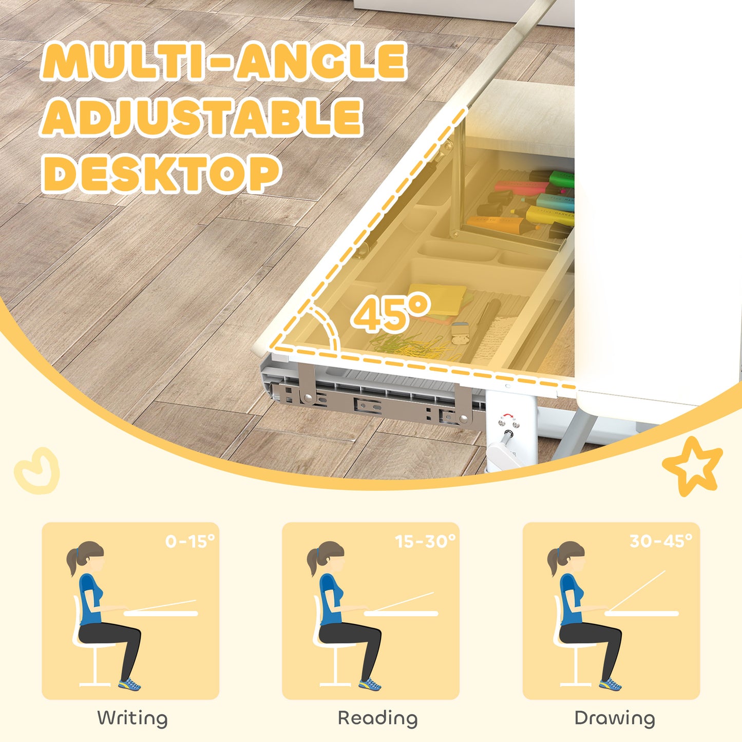 AIYAPLAY Kids Desk Height Adjustable Tilt Desktop With Hutch Drawer Storage Shelf Pegboard For Ages 3 To 12