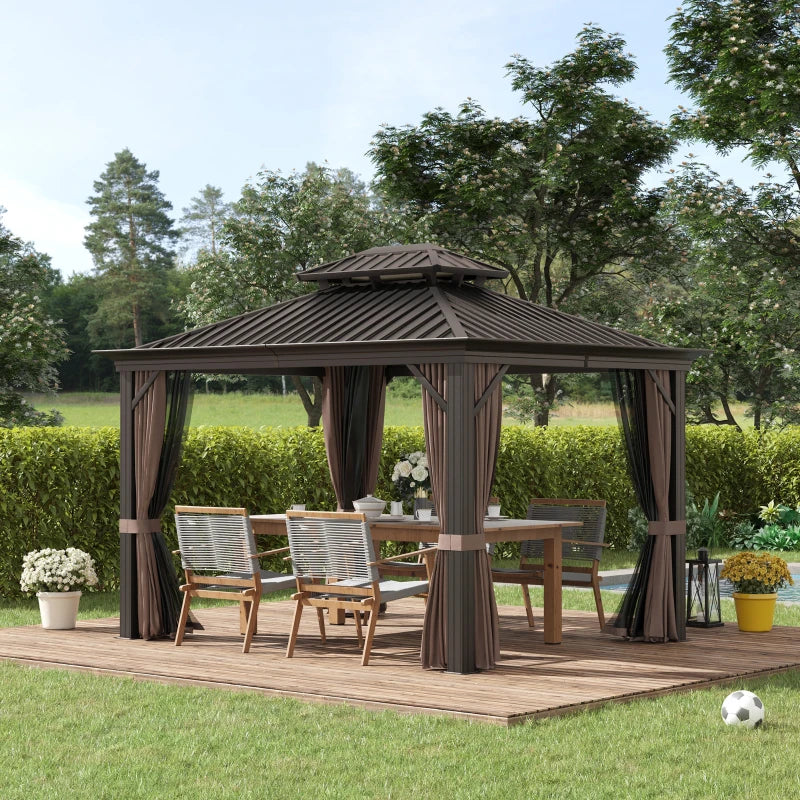 Outsunny 3.65 x 3m Aluminium Hardtop Gazebo with Netting, Curtains, and Hooks - Brown - ALL4U RETAILER LTD