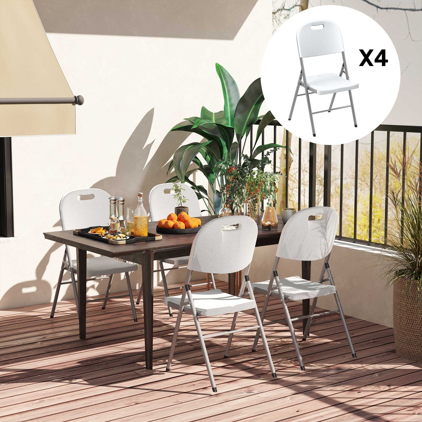 Outsunny Set Of Four Foldable Outdoor Chairs White Powder Coated Steel Frame With Carry Handles