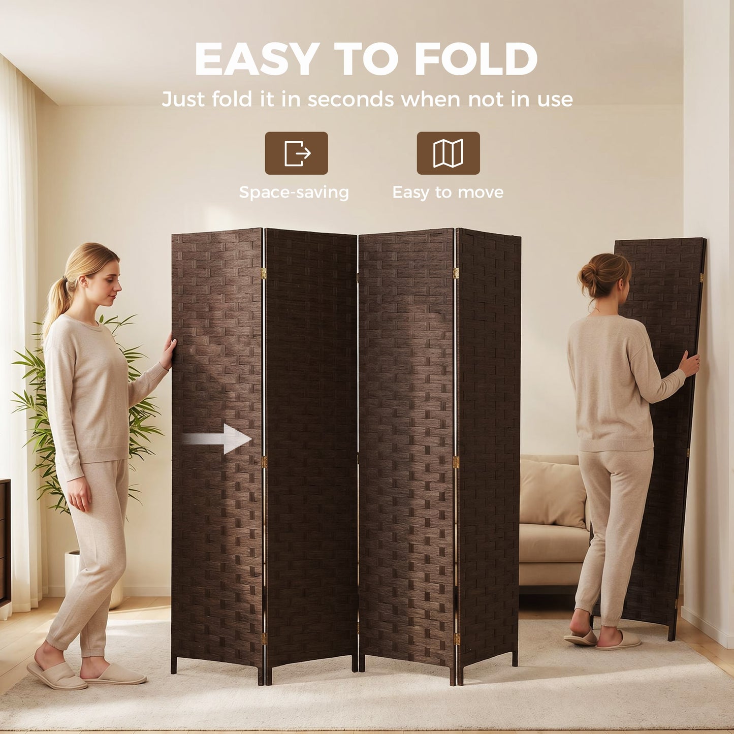 HOMCOM Wave Fibre Freestanding Folding Privacy Screen Four Panels Room Divider Dark Brown