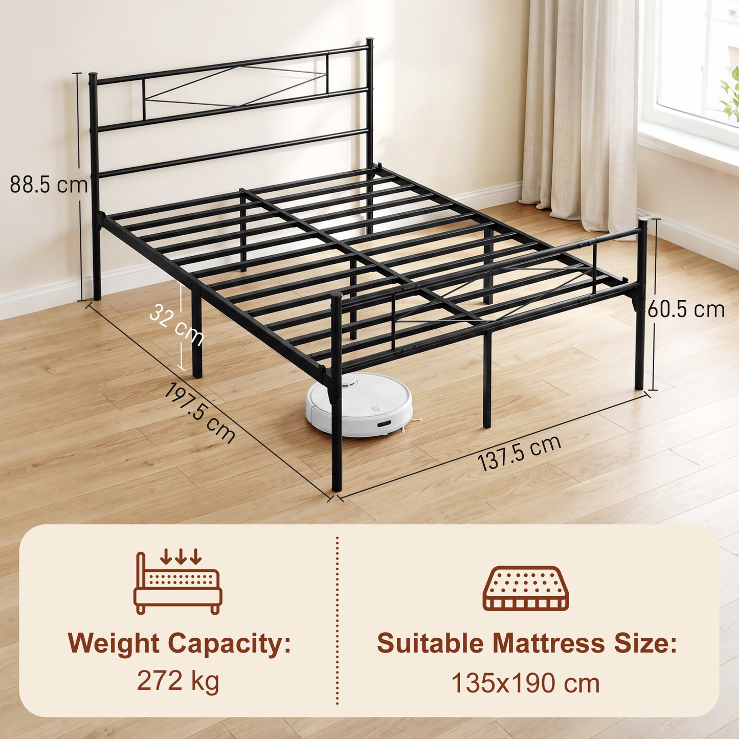 HOMCOM 4Ft6 Double Bed Frame With Headboard And Footboard, Metal Platform Bed Frame With 32 Cm Underbed Storage, Black
