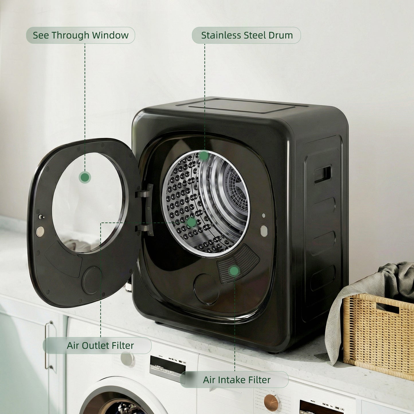 HOMCOM 4kg Vented Tumble Dryer 800W 5 Drying Modes Compact Freestanding Front Tumble Dryer Black