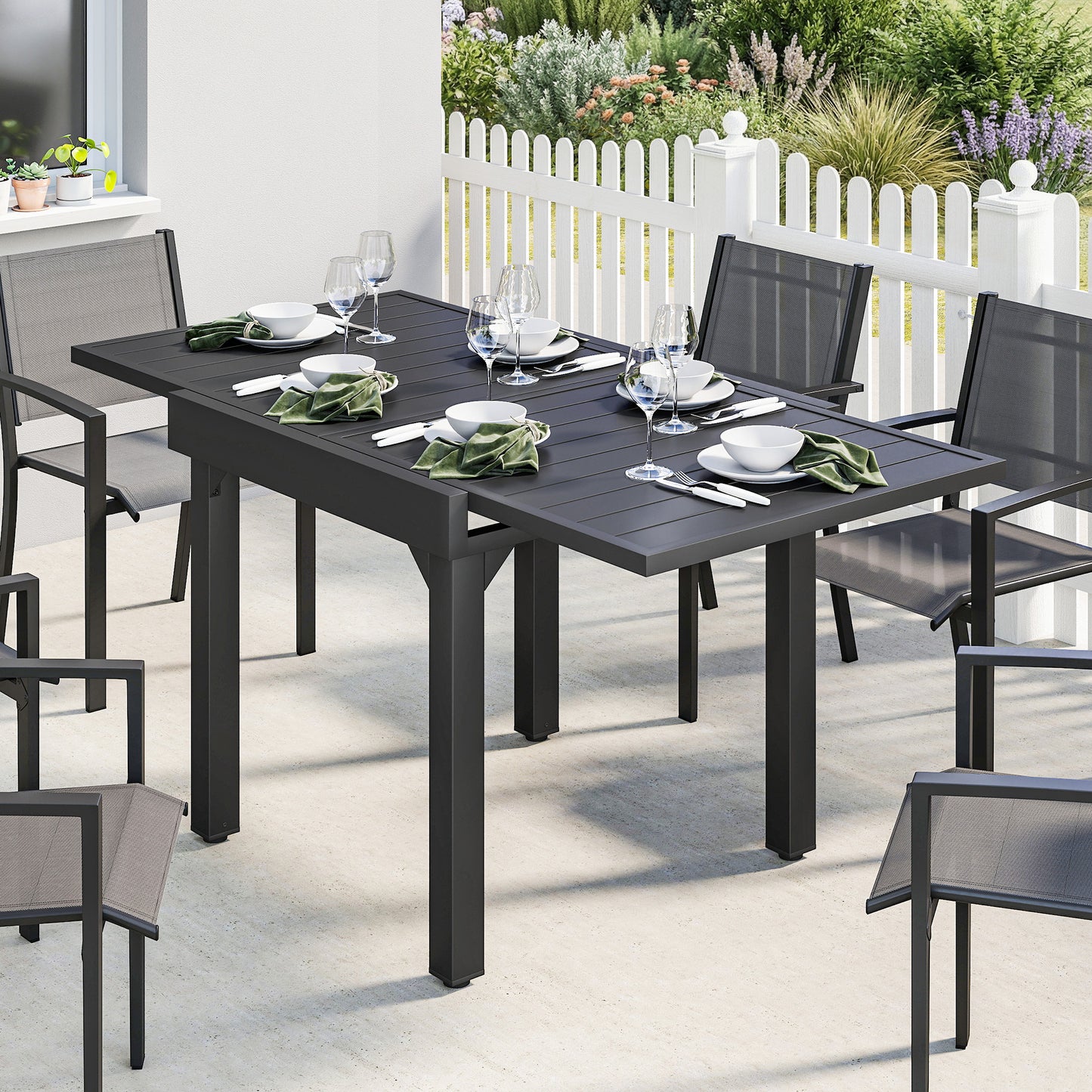 Outsunny Extendable Patio Dining Table For 4 To 6 People 80 To 160 Cm Aluminium Slatted Top Black Weather Resistant