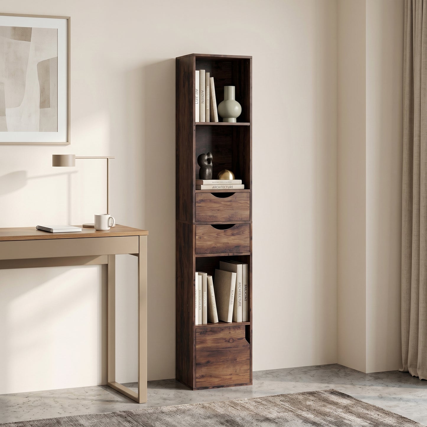 HOMCOM Rustic Brown Bookcase With Two Drawers And Cabinet, Adjustable Shelves, 158 Cm Tall