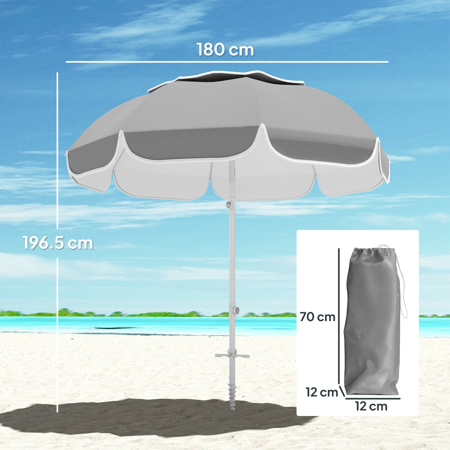 Outsunny Beach Umbrella Portable Sand Anchor With Carry Bag Adjustable Height Tilt UPF50 UV Protection Grey