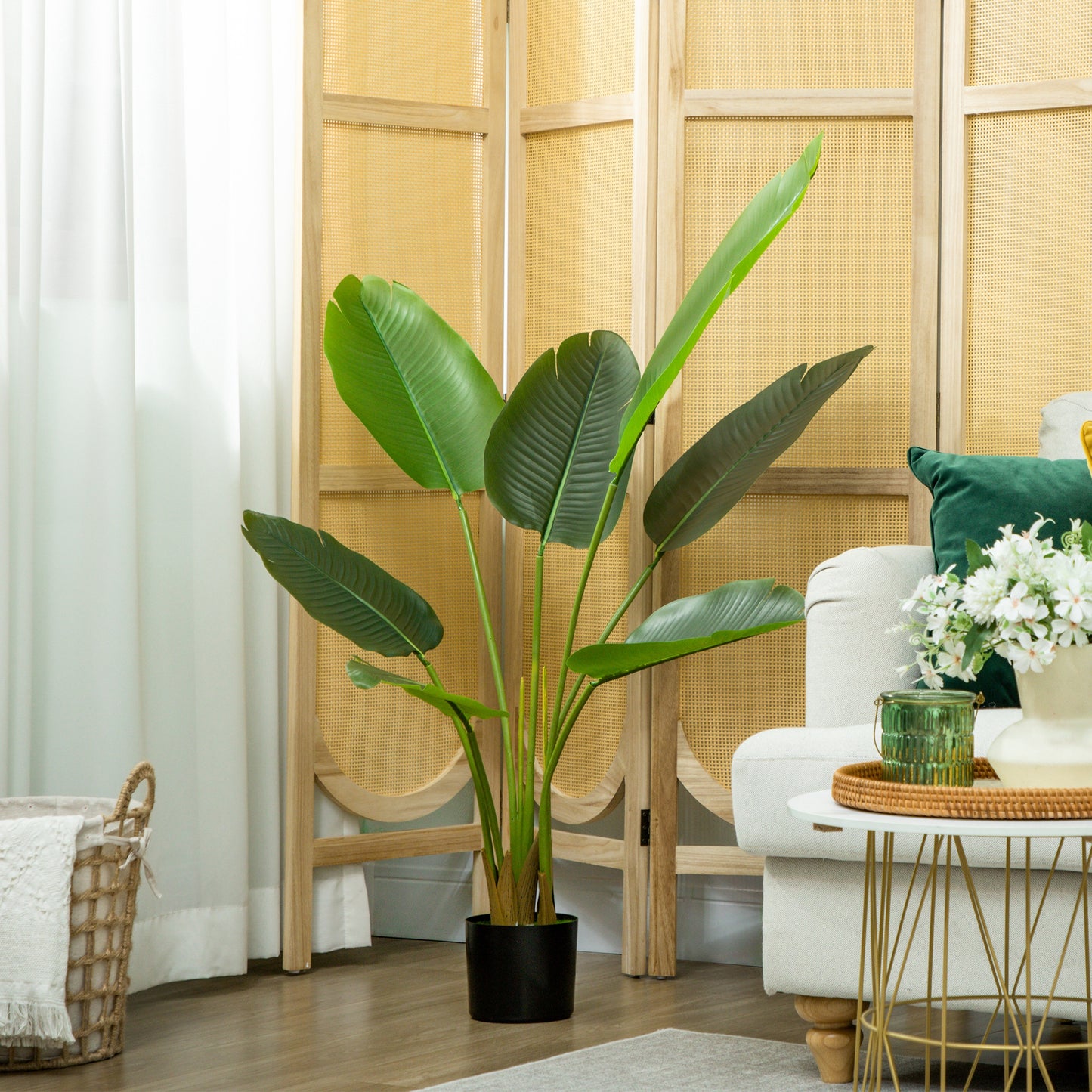 HOMCOM 109cm Artificial Bird of Paradise Plant in Pot with PEVA Leaves Banana Leaf Tree for Home Office Decor Green